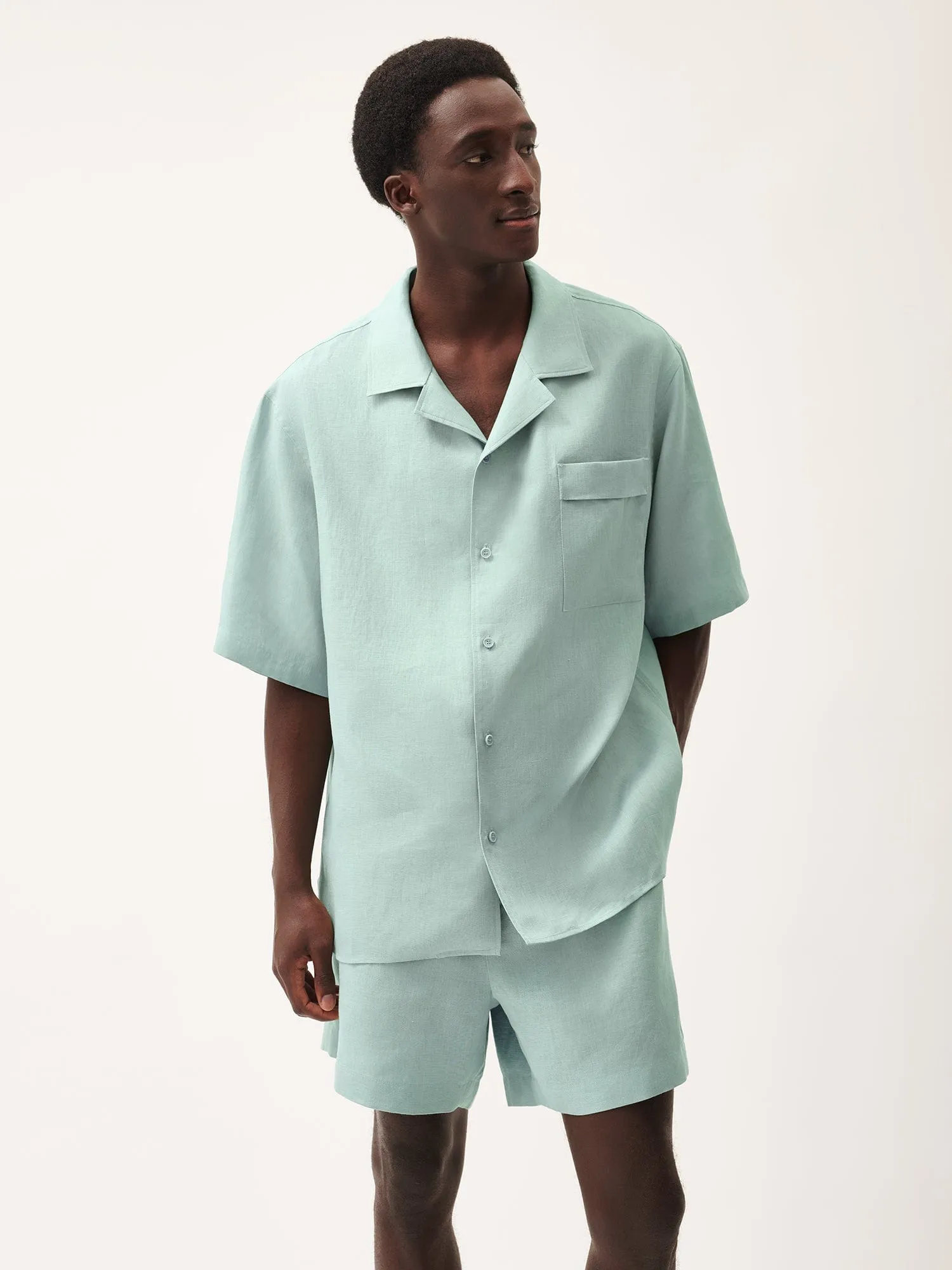 Mens DNA Aloe Linen Camp Collar Shirt—eucalyptus blue