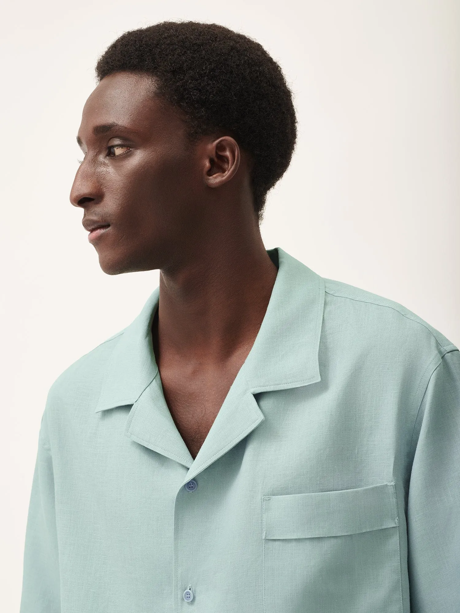 Mens DNA Aloe Linen Camp Collar Shirt—eucalyptus blue