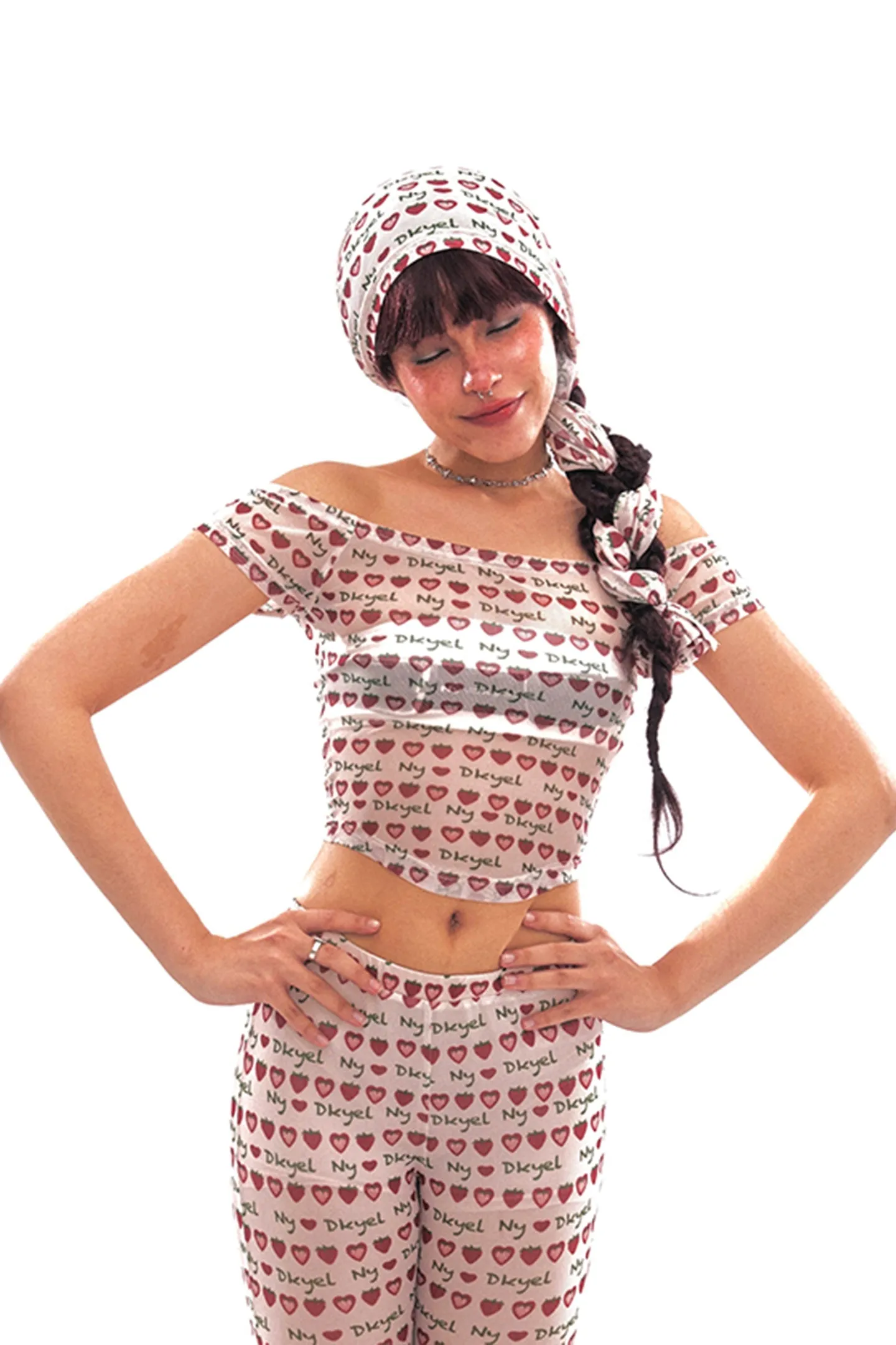 Retro Strawberry Mesh Off-Shoulder Top