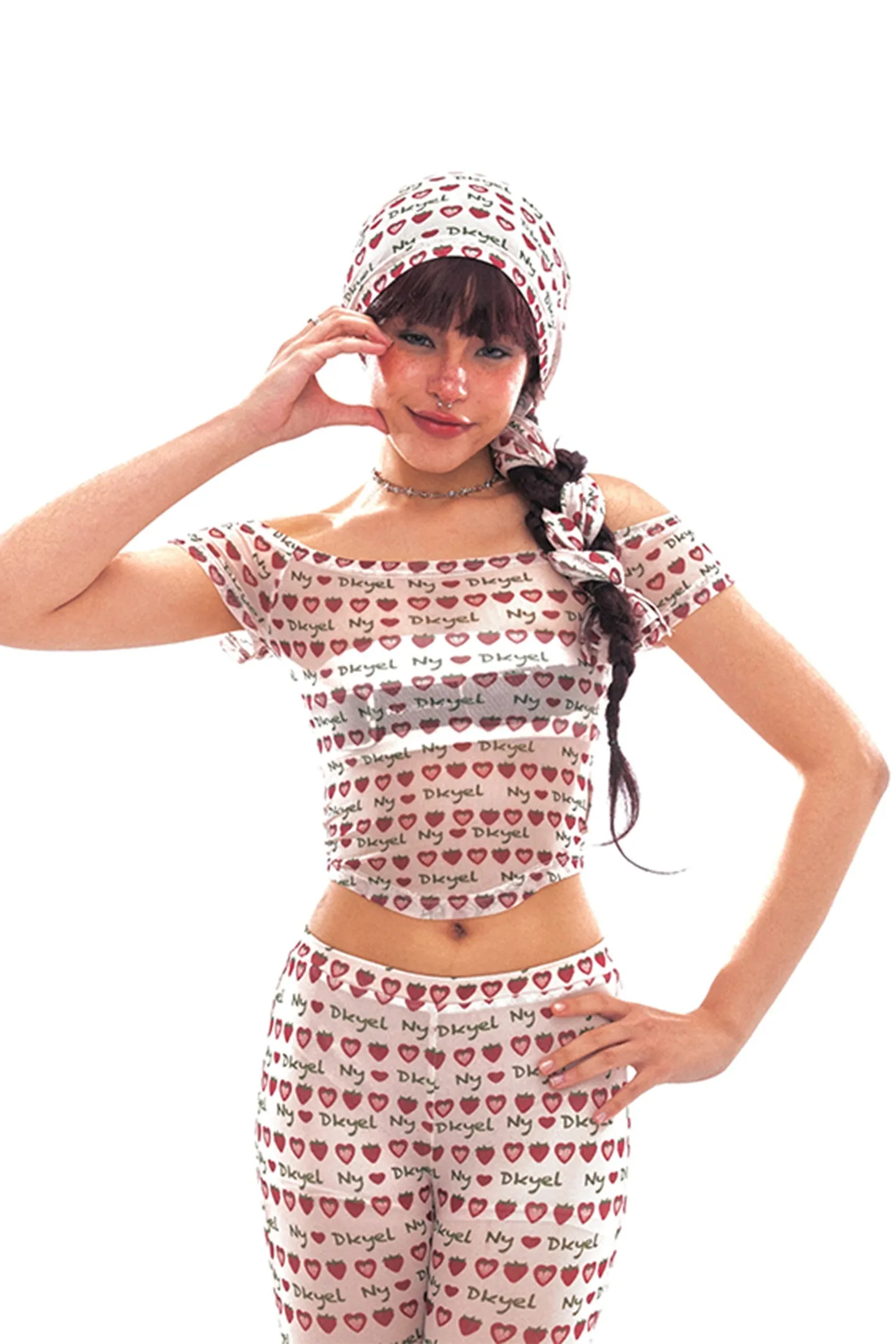 Retro Strawberry Mesh Off-Shoulder Top